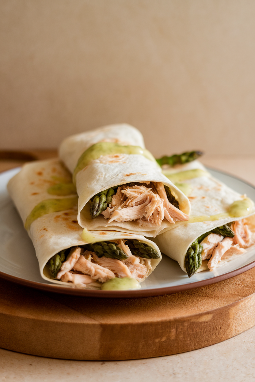 Photo of tortillas stuffed with shredded chicken and asparagus pieces, topped with light lemon-herb sauce, indoor scene, no text or logos.