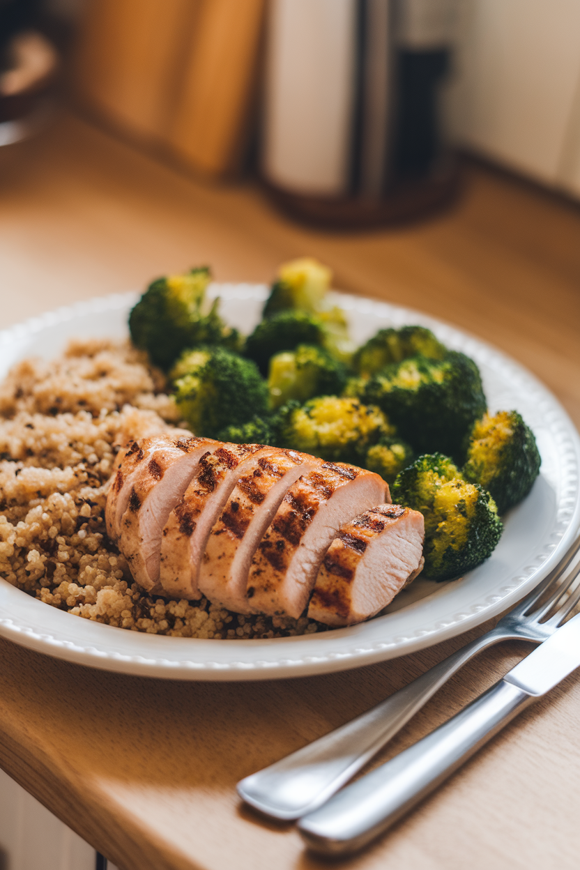 Indoor photo of a white dinner plate holding sliced grilled chicken breast with visible grill marks, fluffy quinoa, and bright green roasted broccoli florets, all under warm kitchen lighting. No text or logos anywhere.