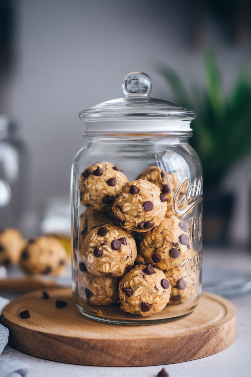 Photo of an indoor glass jar filled with oatmeal cookie dough energy balls studded with mini dark chocolate chips. No text or logos.