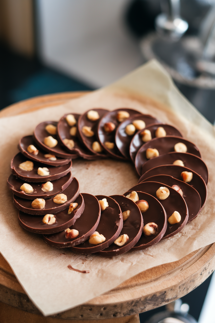 Indoor photo of thin chocolate discs with hazelnut pieces arranged in a circular “wheel” on parchment, no text or logos