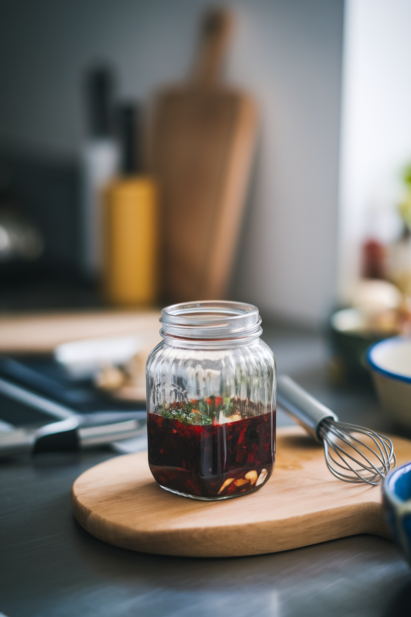 A glass jar of vinaigrette with visible herbs next to a whisk and bowl on a kitchen counter; no text or logos; photo