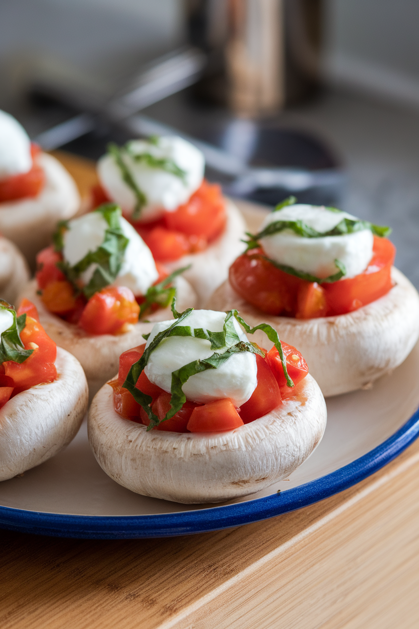 Indoor photo of white mushroom caps filled with diced tomato, mozzarella pearls, and basil chiffonade, lightly broiled, on a ceramic plate. No text or logos visible.