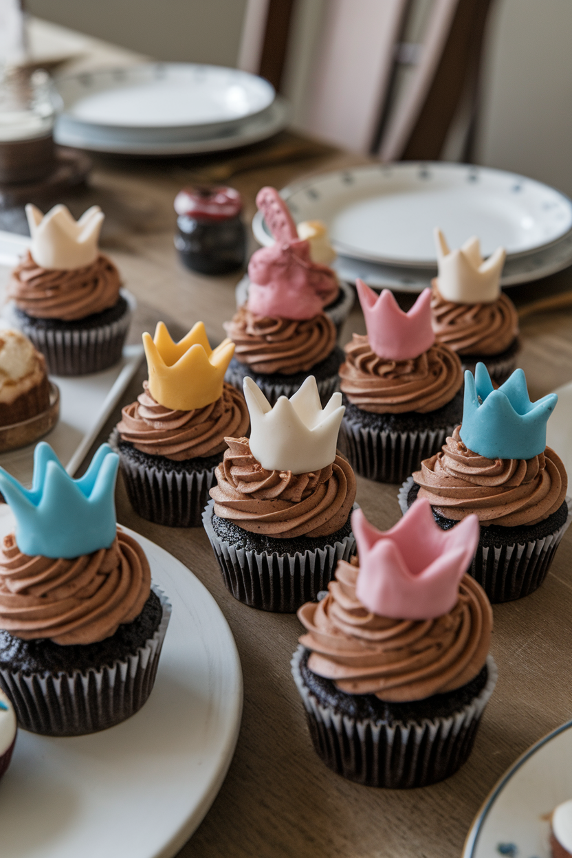 Photo of indoor dining table showing cupcakes topped by three different colored fondant crowns on chocolate frosting, no text or logos.