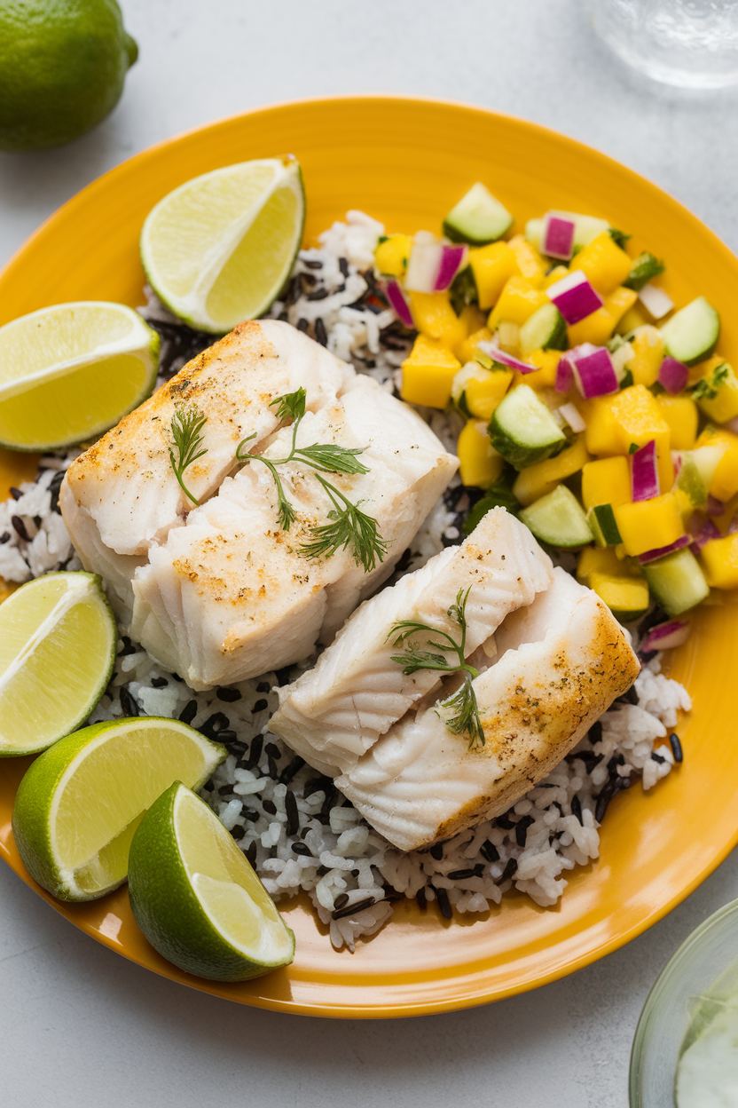Indoor photo of flaky baked cod with lime wedges, black rice, and a colorful mango-cucumber salsa on a bright plate. No text or logos.