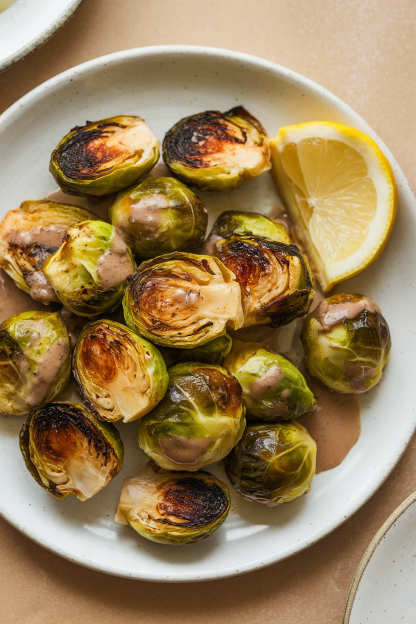 Indoor side dish plate with roasted Brussels sprouts glazed in maple-mustard sauce, slight char visible, no text or logos