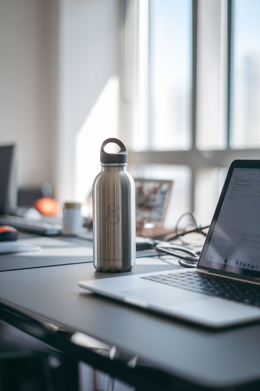 Photo prompt: An indoor office desk with a stainless-steel water bottle and a laptop, soft daylight, logo on bottle obscured.
