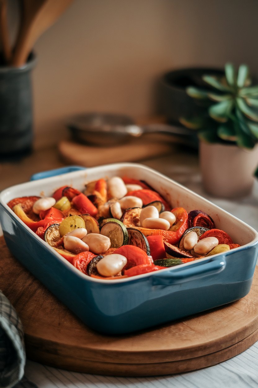 A rustic indoor casserole dish filled with colorful cooked ratatouille and pockets of white beans. No logos or text.