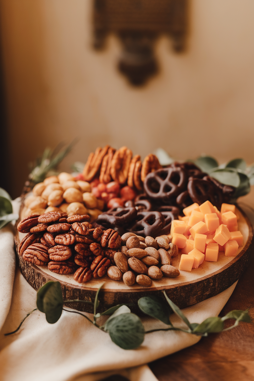 Warm indoor photo of a wooden board with candied pecans, smoked almonds, cheddar cubes, and dark chocolate-covered pretzels; no text or logos visible.