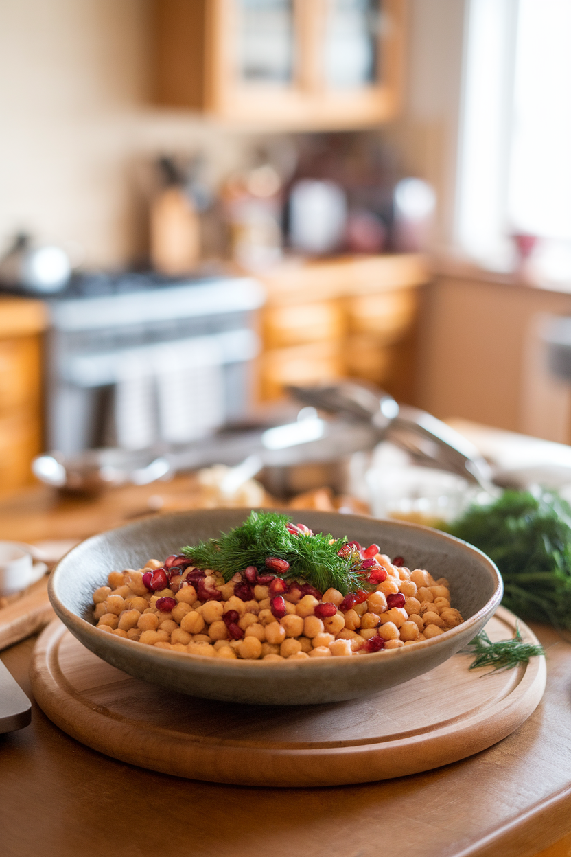 A warm indoor kitchen island with a shallow bowl of chickpeas mixed with pomegranate seeds, chopped parsley, and dill. No logos or text; photo only.