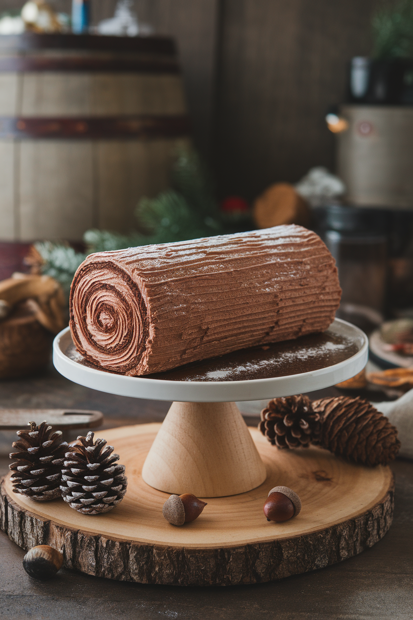 Indoor cake stand displaying a chocolate sponge cake roll frosted to look like bark, powdered sugar snow on top. No text or logos. Photo only.