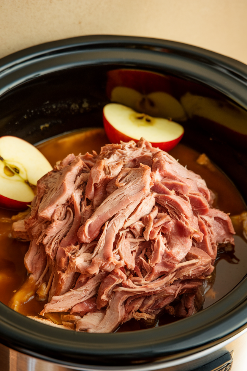 Indoor photo of shredded pork glistening in apple cider sauce, piled in the slow cooker with apple slices nearby, no text or logos.