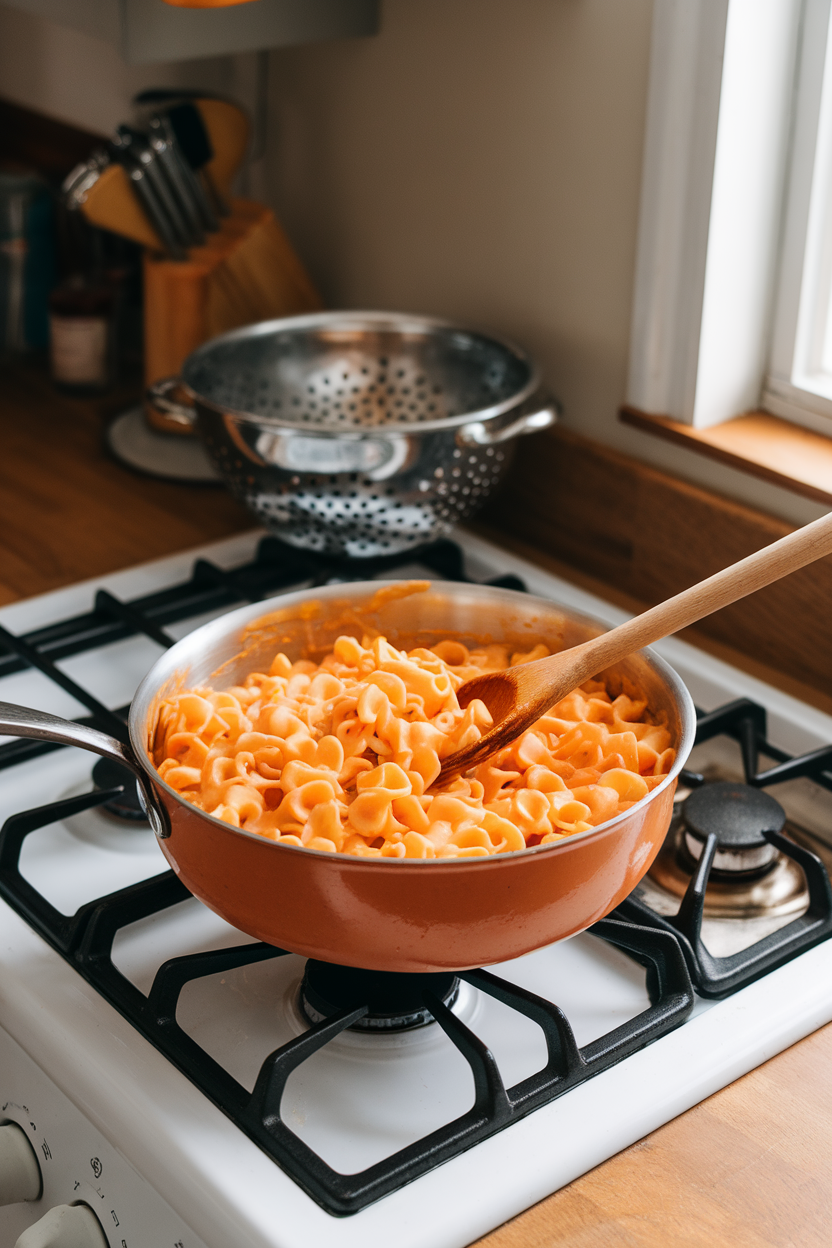 An indoor stovetop scene with a saucepan of elbow pasta coated in creamy orange vegan cheese sauce, a wooden spoon folding the noodles. This should be a photo, not an illustration. No text or logos anywhere in the scene.