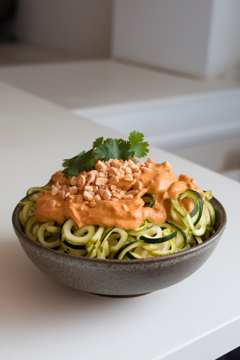 An indoor bowl filled with spiralized zucchini coated in creamy peanut sauce, garnished with crushed peanuts and cilantro. No logos or text.