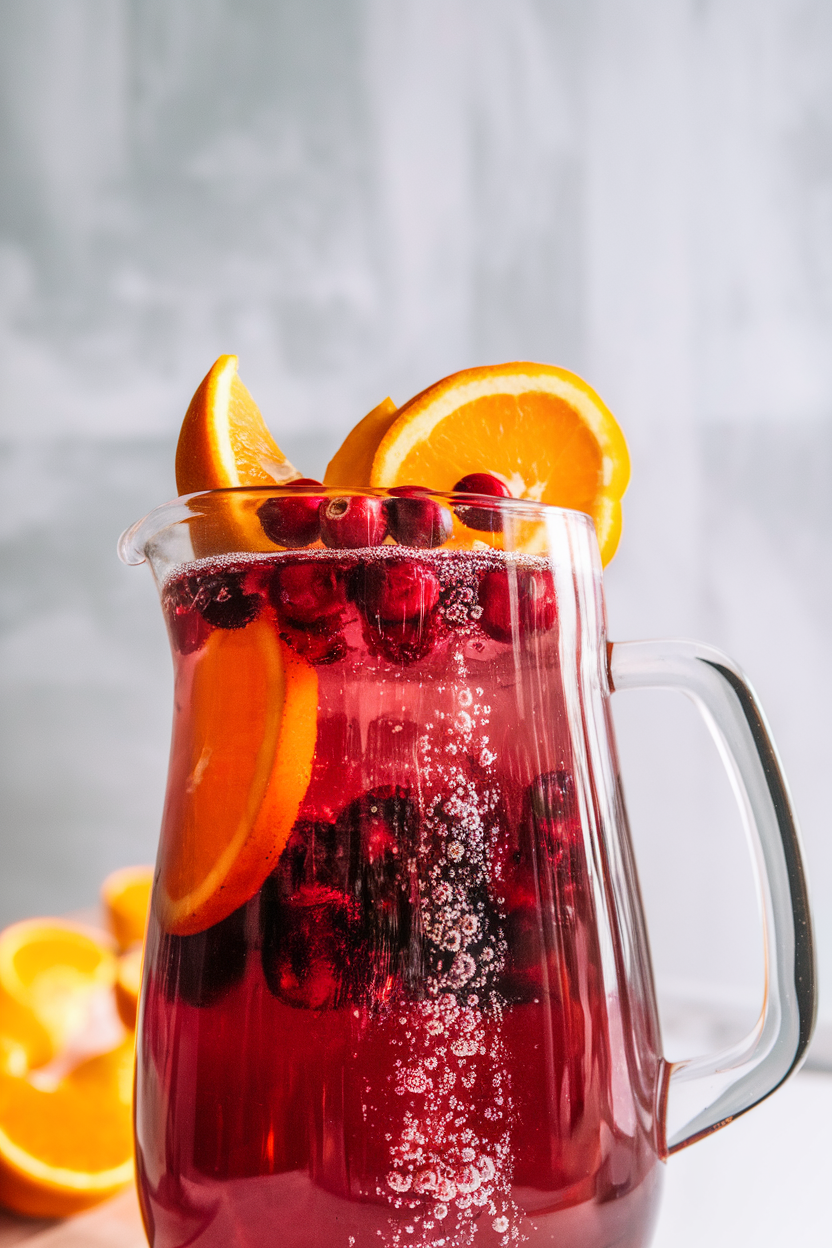 Indoor pitcher filled with deep red cran-apple mimosa, bubbles rising, garnished with fresh cranberries and orange slices, no logos or text. Photo, not illustration.