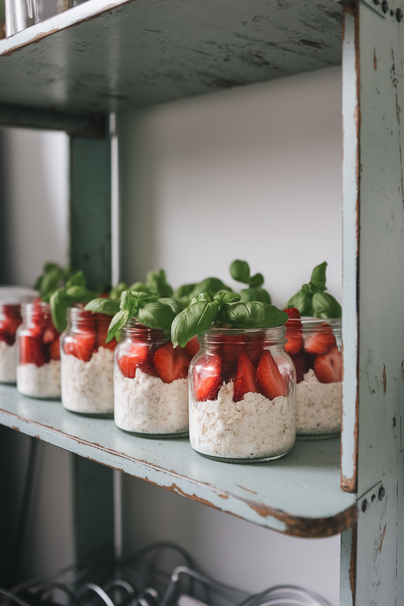 An indoor shelf with small glass jars holding cottage cheese, sliced strawberries, and torn basil leaves. Photo, no text or logos.
