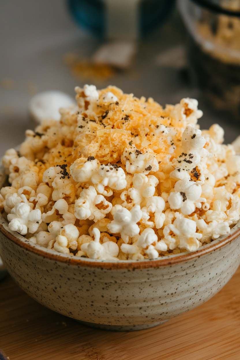 Indoor photo of a ceramic bowl overflowing with popcorn dusted in grated Parmesan and black truffle salt. No text or logos.