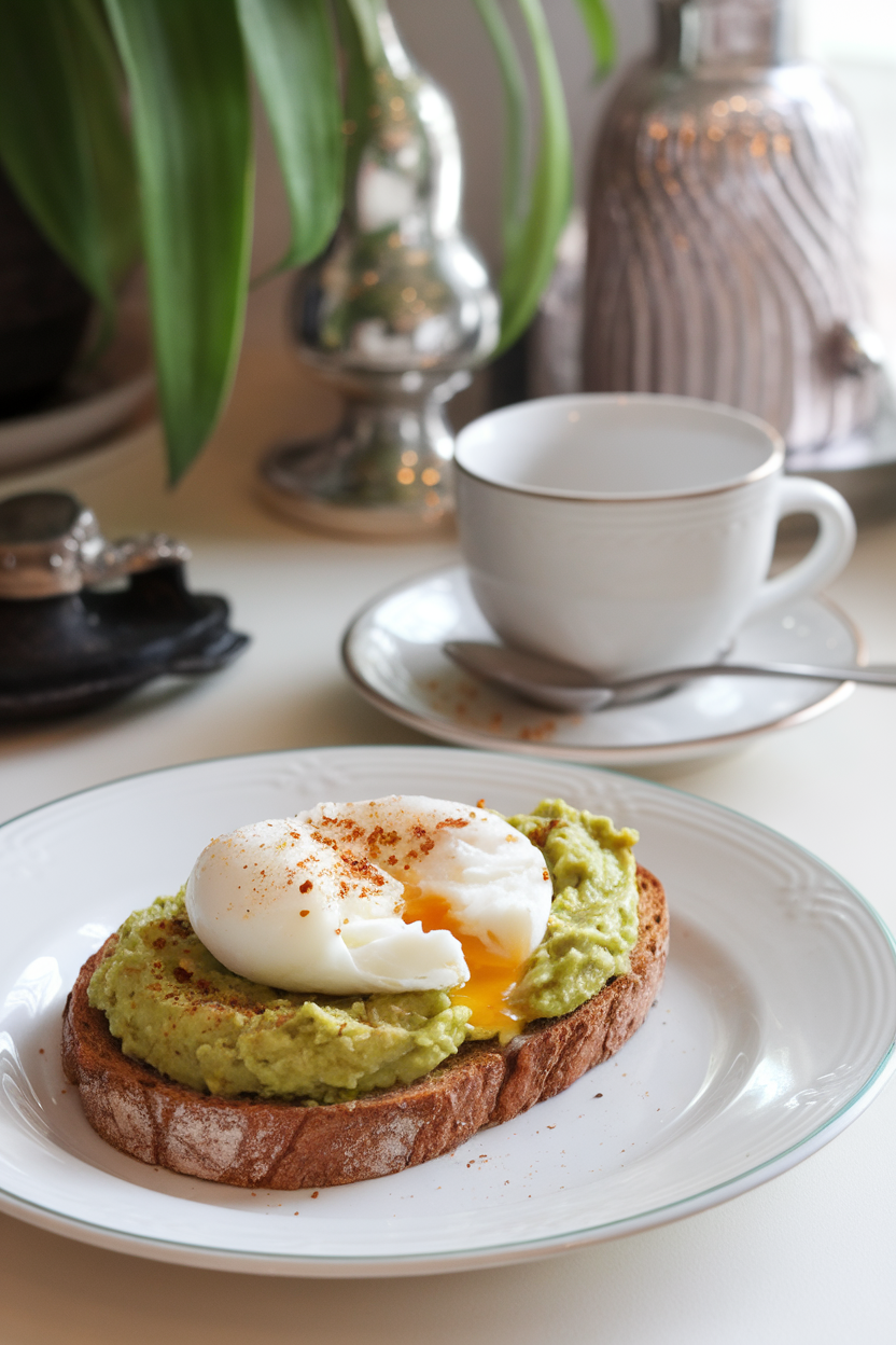 An indoor breakfast nook displaying whole-grain toast spread with mashed avocado, crowned by a runny poached egg, a sprinkle of chili flakes visible. No text or logos on plate or background.