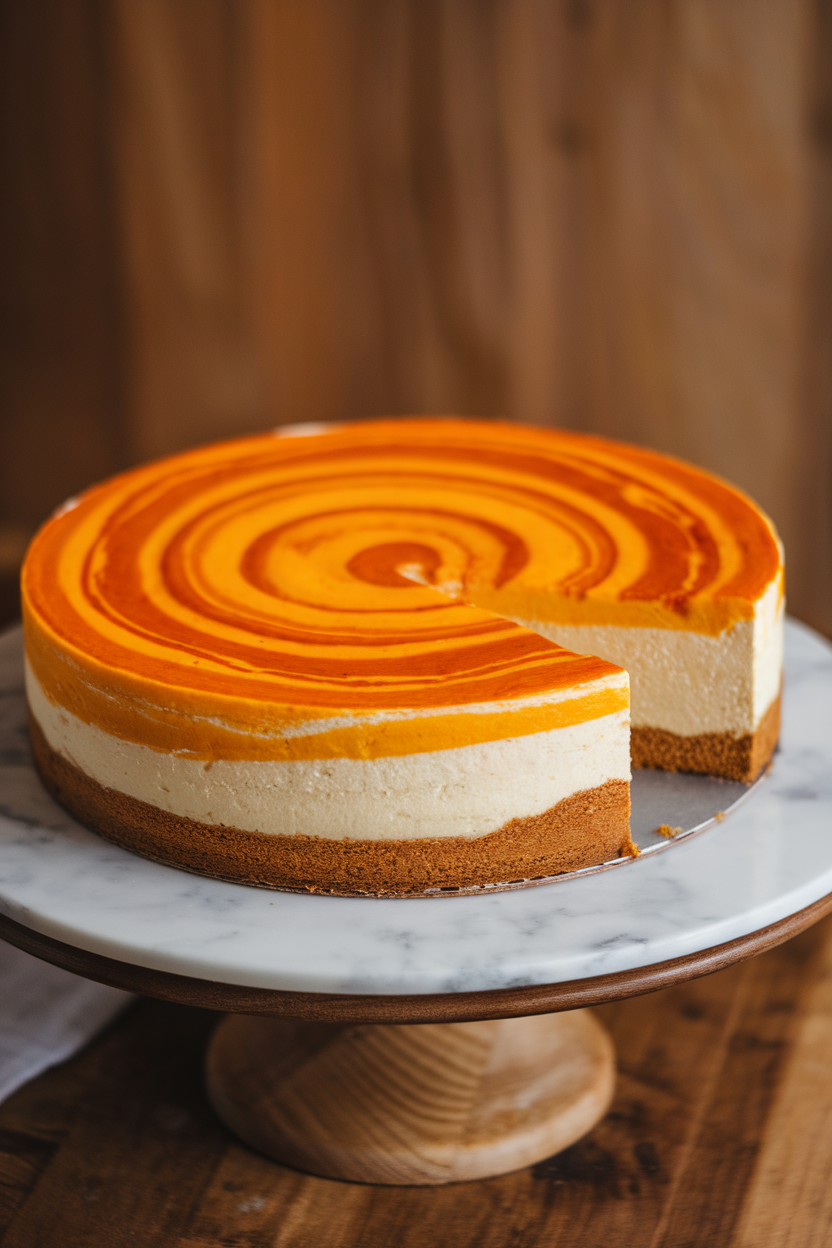 A whole cheesecake on an indoor cake stand with orange pumpkin swirl pattern on top, slice removed to show layers. No text or logos.