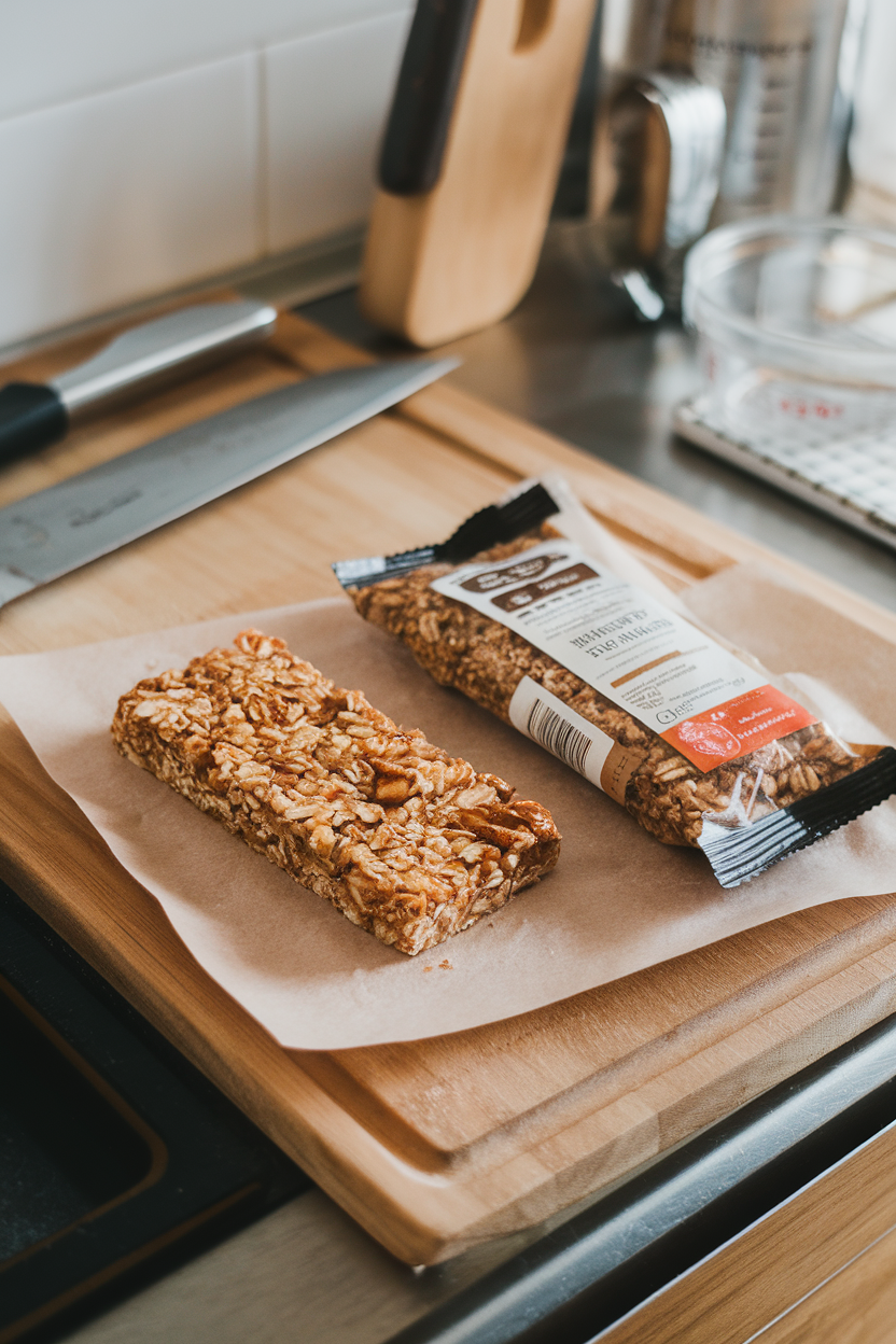 Indoor photo of two granola bars—one homemade with visible oats and nuts, one heavily packaged—on a kitchen counter; no text or logos.