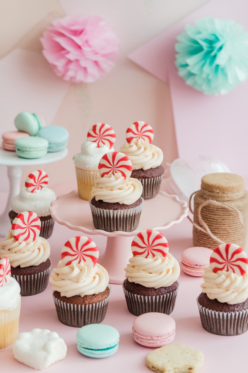 Photo of indoor pastel bakery scene with cupcakes topped by red-and-white peppermint candies spiraled into buttercream, no text or logos.