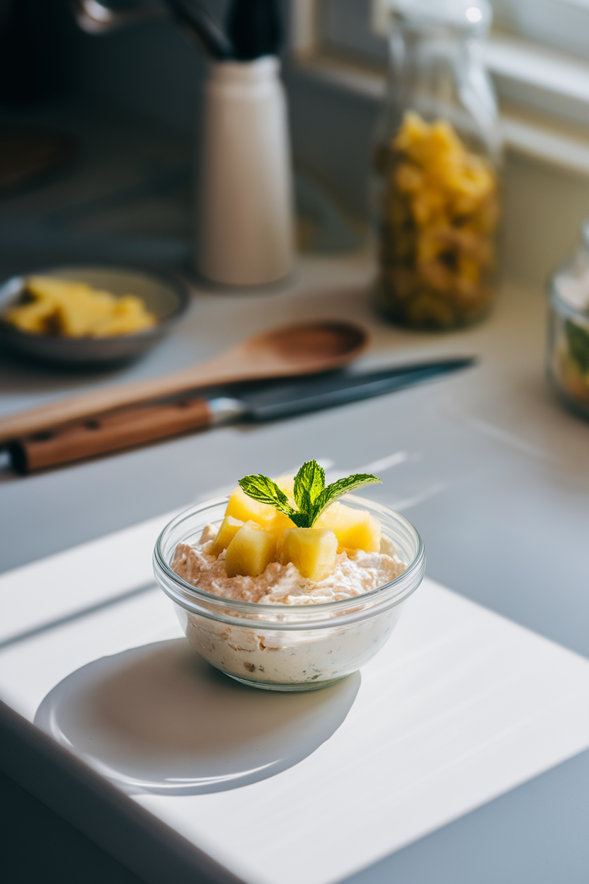 Sunlit indoor kitchen counter showing a small bowl of creamy cottage cheese topped with pineapple chunks and a sprig of mint. No text or logos present. Photo only.