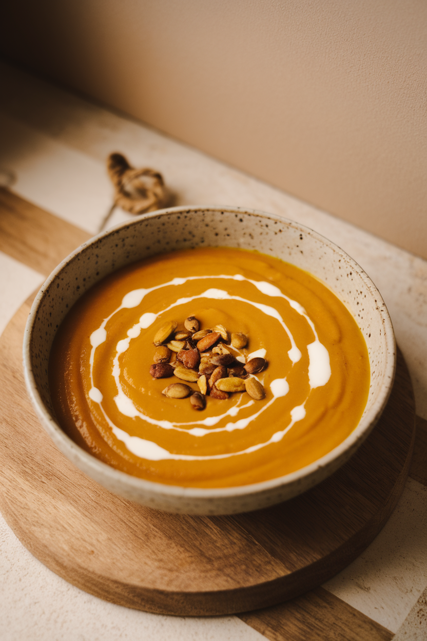 Indoor photo of a shallow bowl of creamy pumpkin soup topped with toasted pepitas and a drizzle of cream, no text or logos
