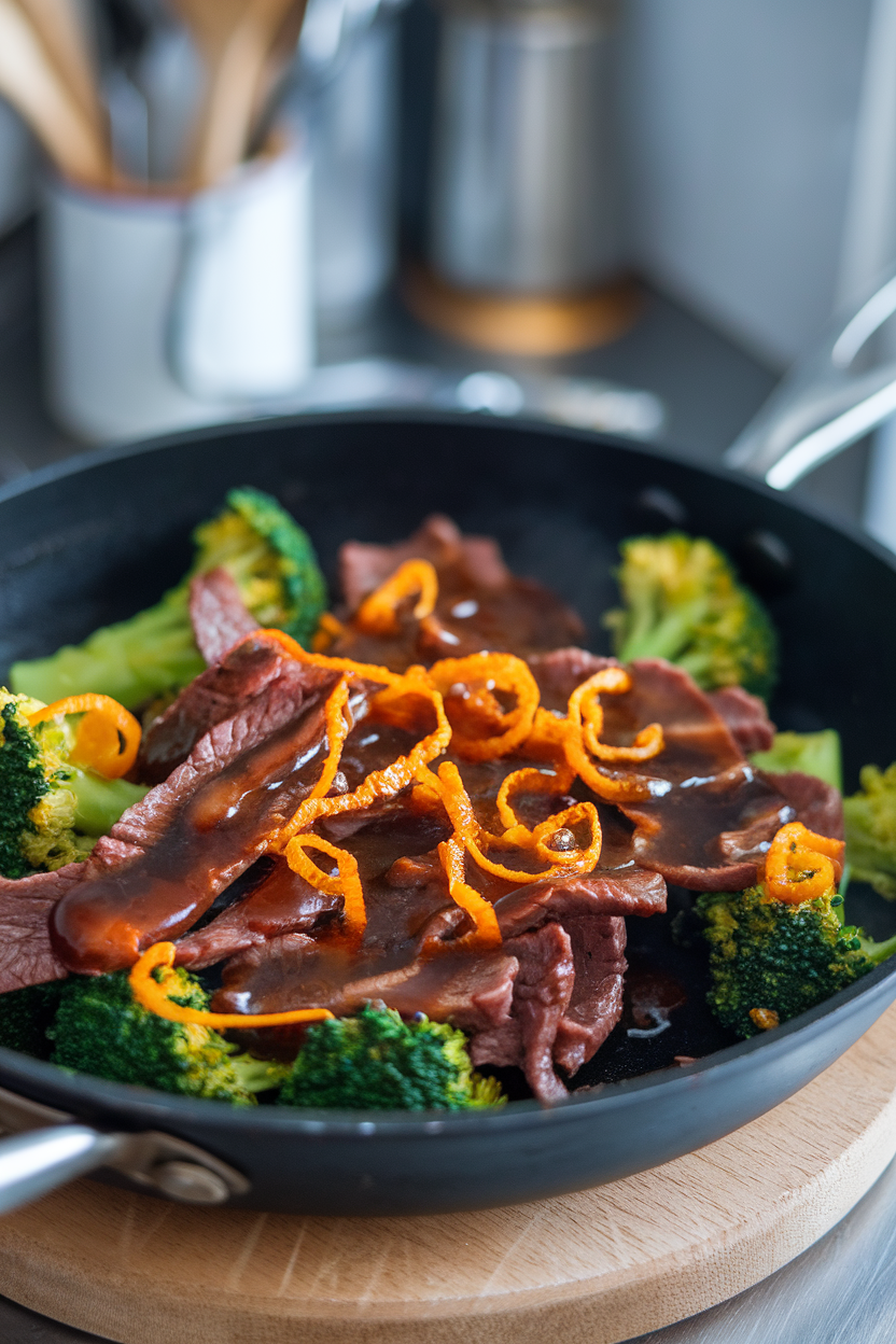 Skillet indoors containing thin beef strips, broccoli florets, and orange zest, glossy sauce coating, no text or logos