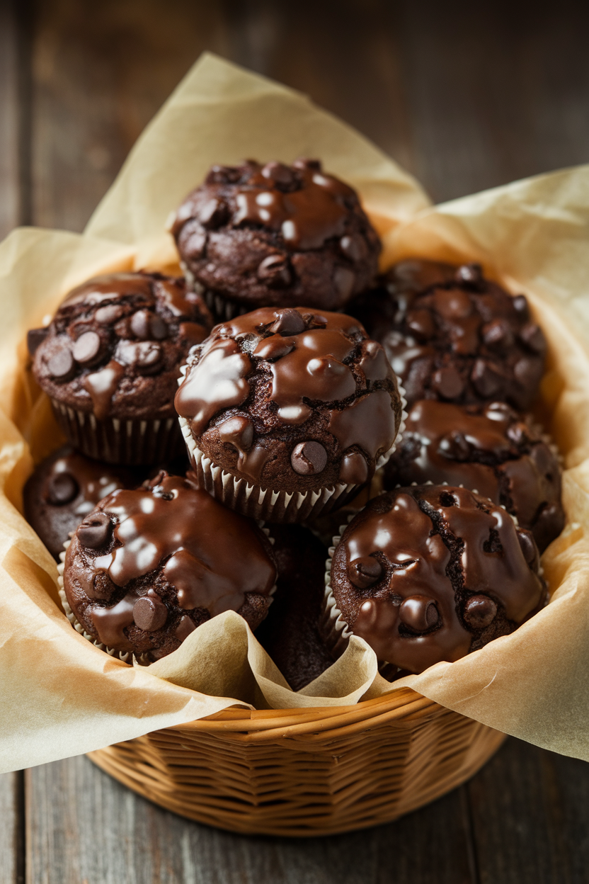 An indoor basket lined with parchment holding dark chocolate chip muffins with espresso glaze drizzled, no text or logos.