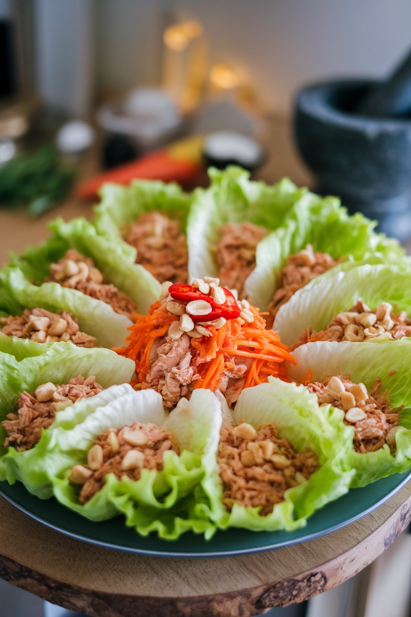 A platter indoors showing crisp butter lettuce leaves filled with minced chicken, shredded carrots, and chopped peanuts. No text or logos.