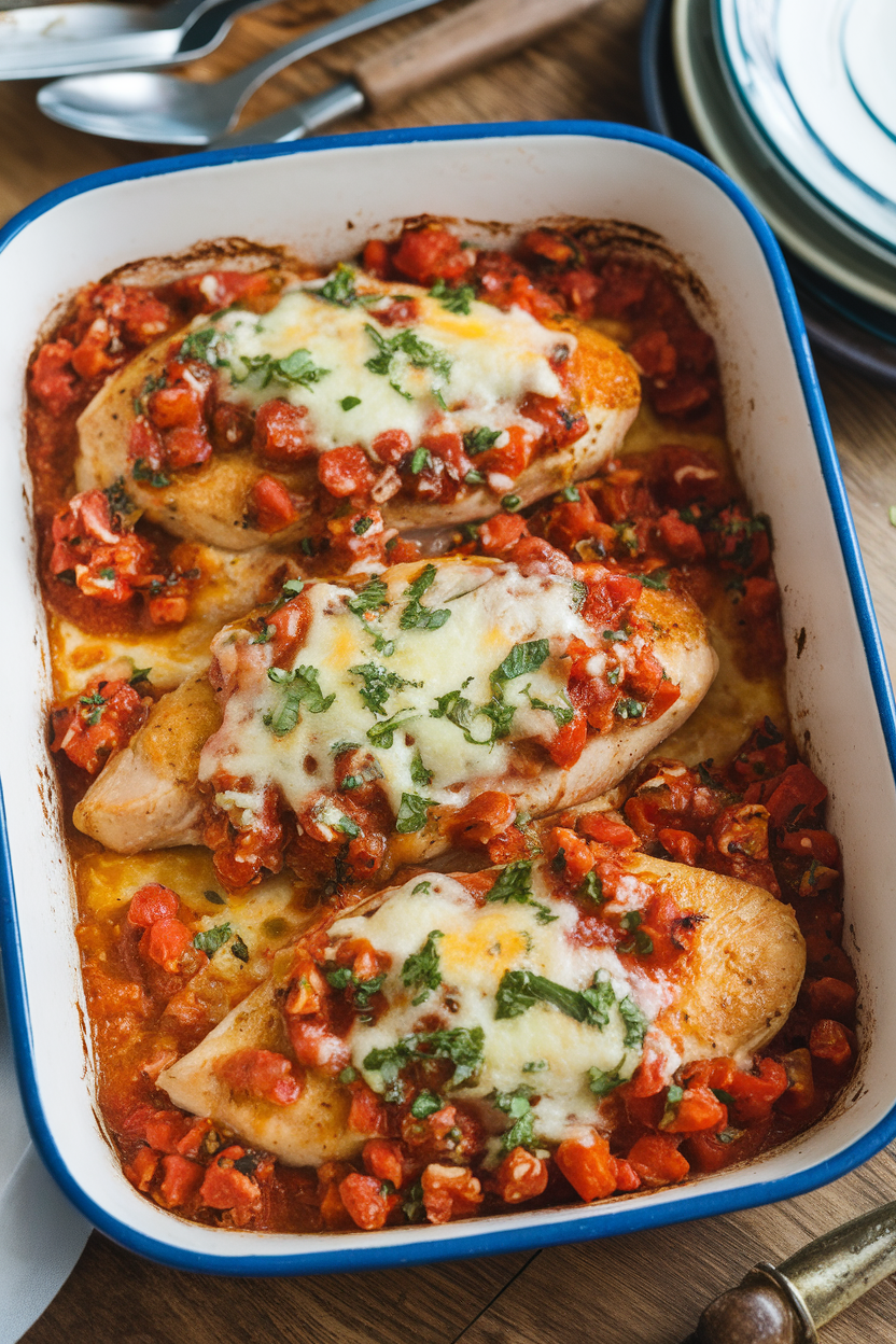 Indoor casserole dish featuring baked chicken breasts smothered in chunky fermented tomato salsa, cheese melted lightly. No text or logos present.