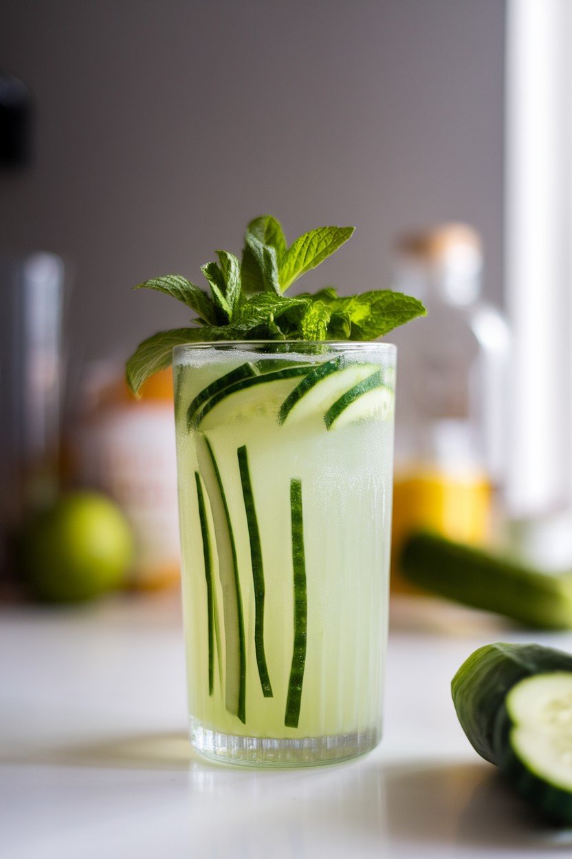 Indoor photo featuring a highball brimming with pale green cucumber mint mocktail, thin cucumber ribbons lining the glass, mint leaves on top; bright countertop lighting; no text or logos.