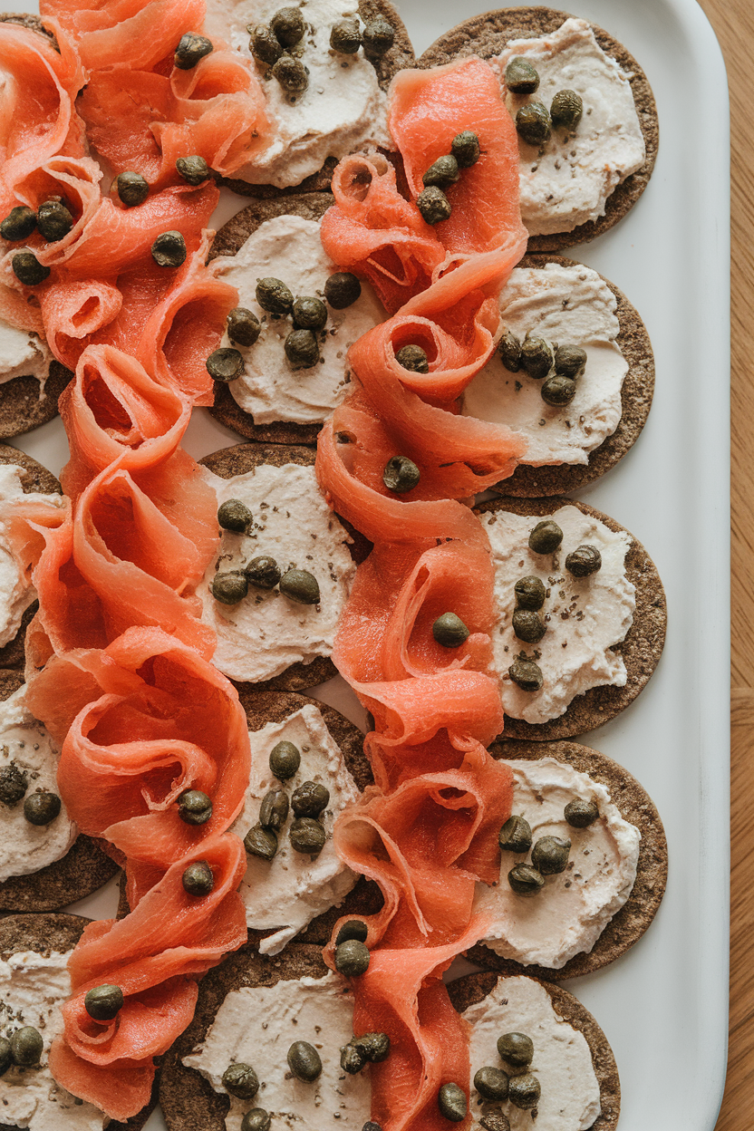 Indoor photo of thinly sliced carrot “lox” draped over rye crackers with cashew cream cheese and capers, arranged on a white platter. No logos or text.