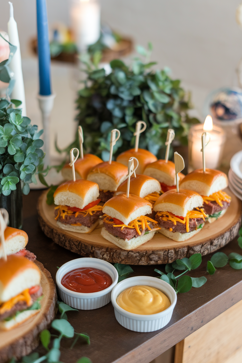 Indoor party table displaying a wooden tray of assorted mini beef sliders with cheddar, lettuce, and tomato alongside ramekins of ketchup and mustard; no text or logos.