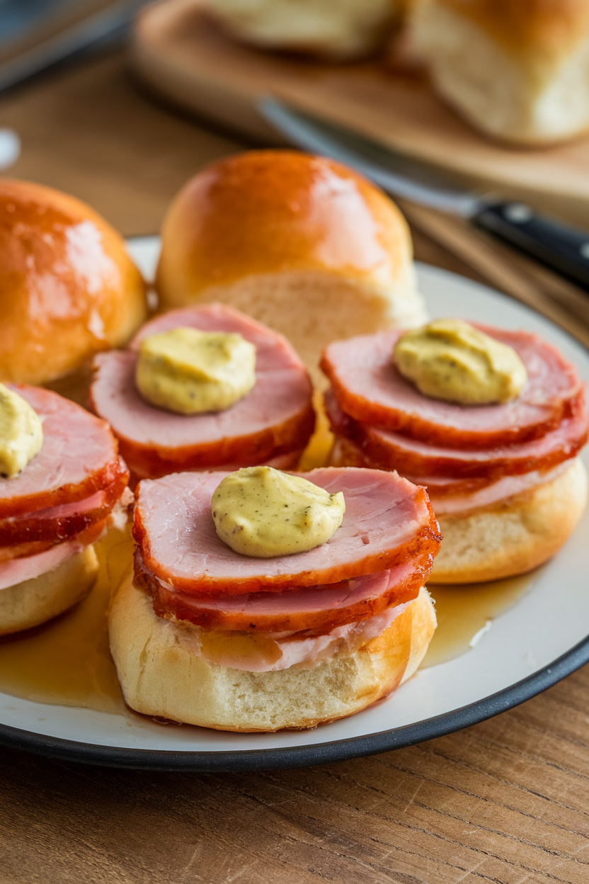 Photo indoors of mini rolls piled with sliced honey-glazed ham and a dab of mustard butter, tops brushed with honey. No text or logos visible.