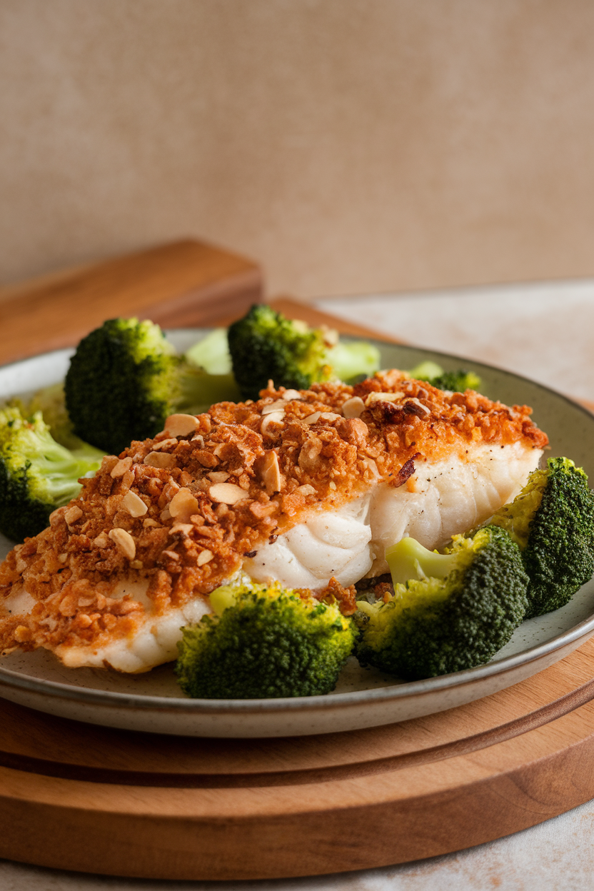 Tilapia fillet coated in toasted almond crumbs, baked and resting on a plate with broccoli, indoor light, no text or logos.