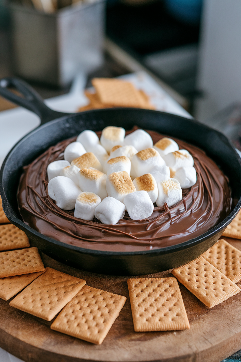 Indoor cast-iron skillet containing melted chocolate topped with toasted marshmallows, graham crackers arranged around. No text or logos.