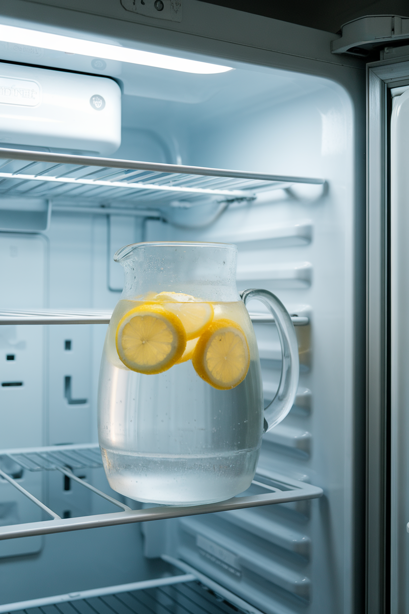 Photo, indoor refrigerator door holding a clear glass pitcher of water with floating lemon rounds, cool ambient light, no logos.