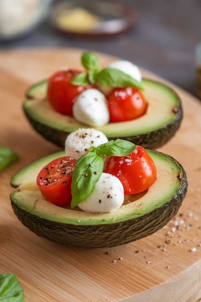 Indoor tabletop view of a halved avocado filled with cherry tomato halves, mozzarella pearls, and basil ribbons. No text or logos; photo.