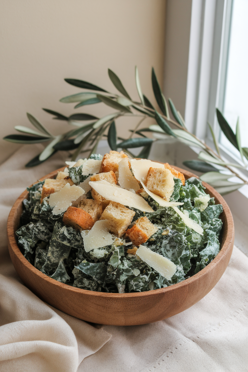 Indoor photo of chopped kale Caesar salad sprinkled with shaved Parmesan and croutons in a wooden bowl; no text or logos