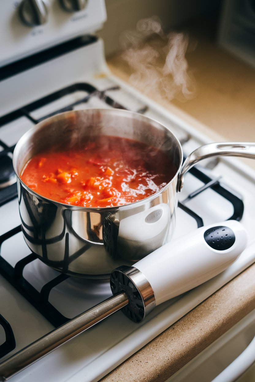 Photo of an immersion blender resting next to a steaming pot of tomato soup on a stovetop indoors. No text or logos.