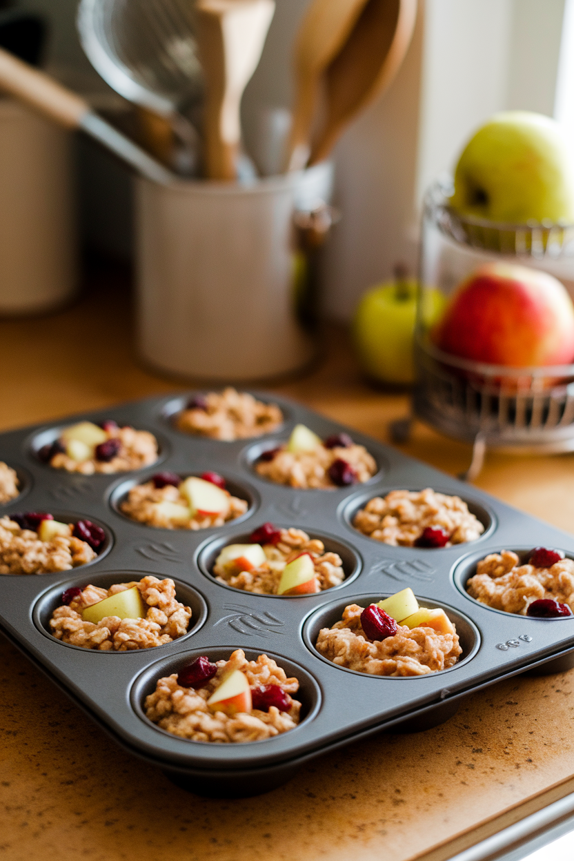 A muffin tin on an indoor countertop with individual baked oatmeal cups studded with apple chunks and cranberries. No text or logos. Photo, not illustration.