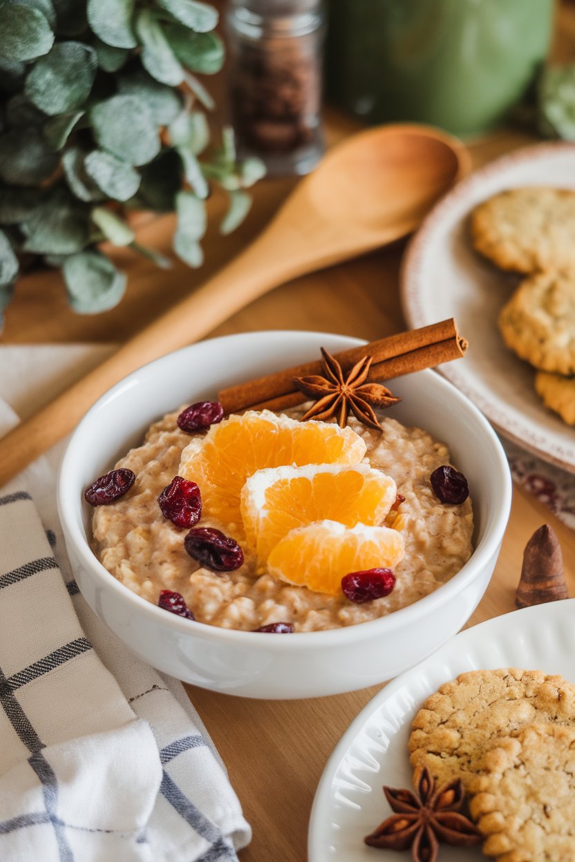 Indoor holiday kitchen scene featuring oatmeal studded with dried cranberries and topped with fresh orange segments. No text or logos. Photo.