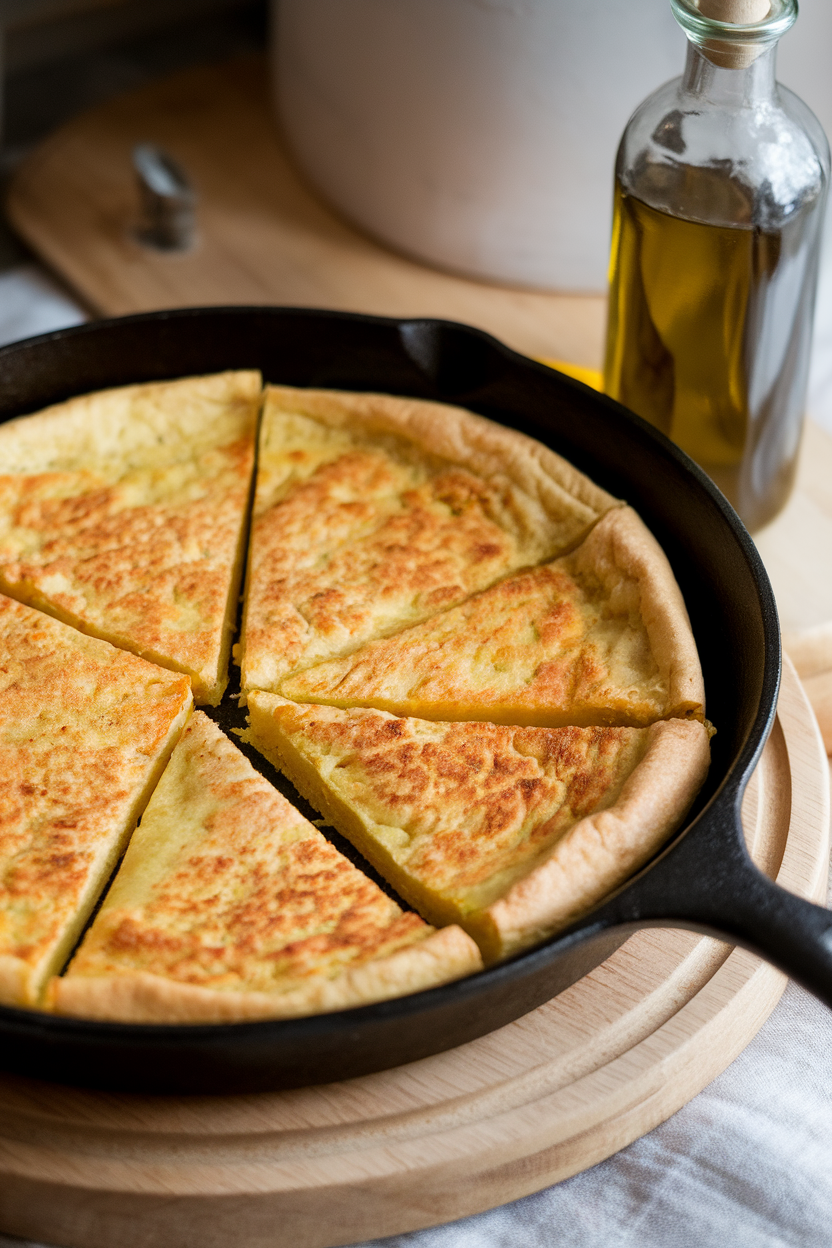 An indoor cast-iron skillet containing golden chickpea socca, cut into wedges, olive oil bottle off to the side. No text or logos. Photo only.