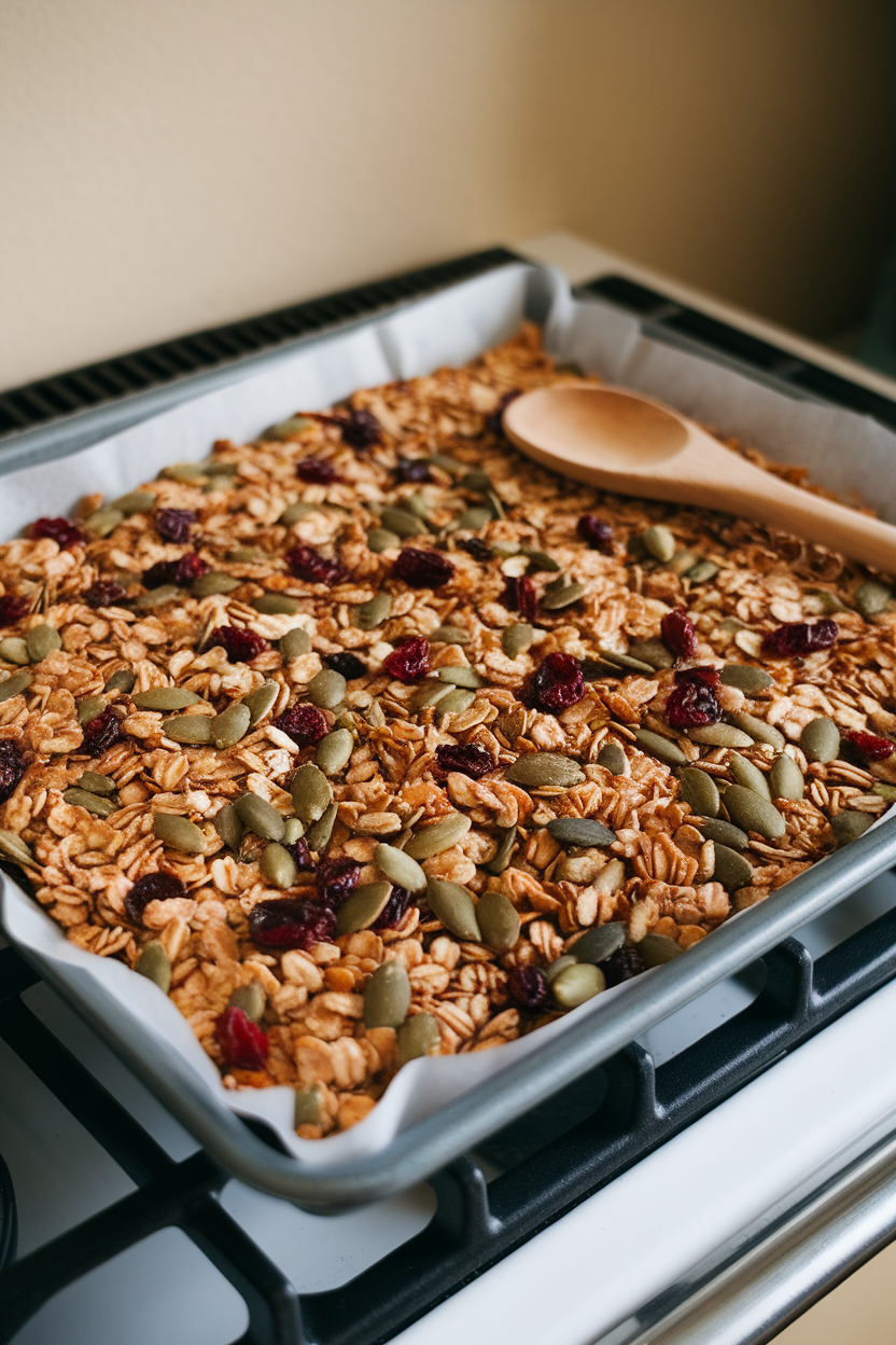 A baking tray on an indoor stove holding freshly baked granola with visible pumpkin seeds, oats, and dried cranberries; no text or logos.