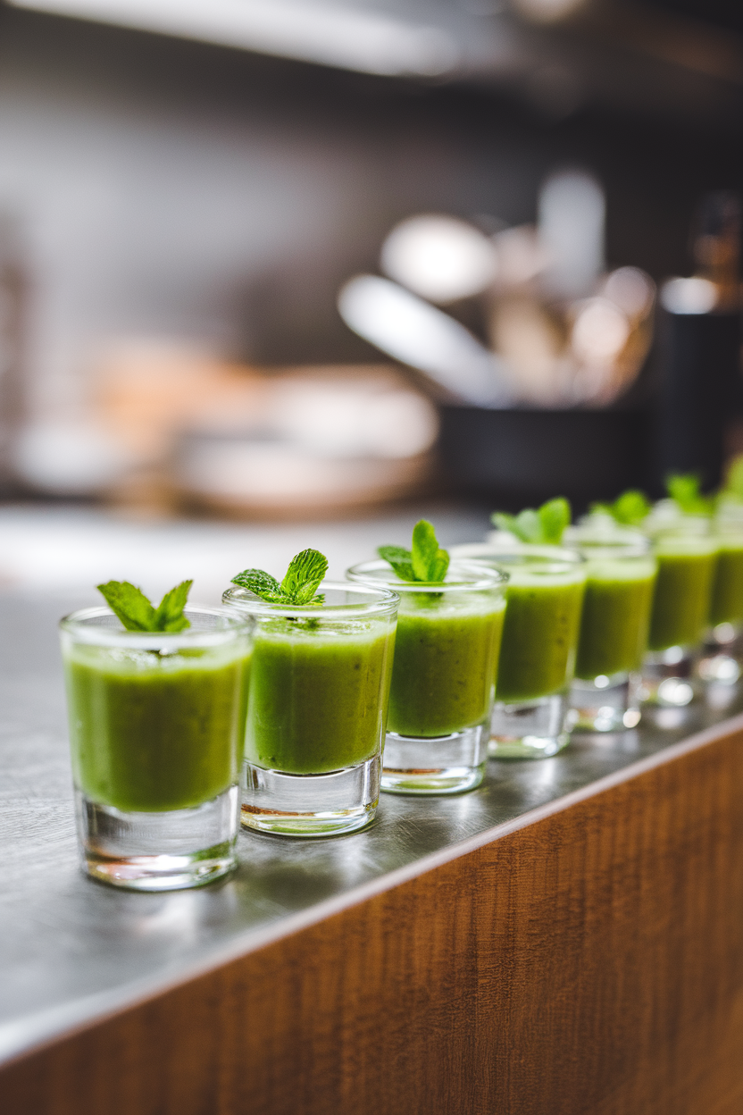 Indoor row of small shot glasses filled with bright green pea purée, mint leaf garnish on each. Photo only, no text or logos.