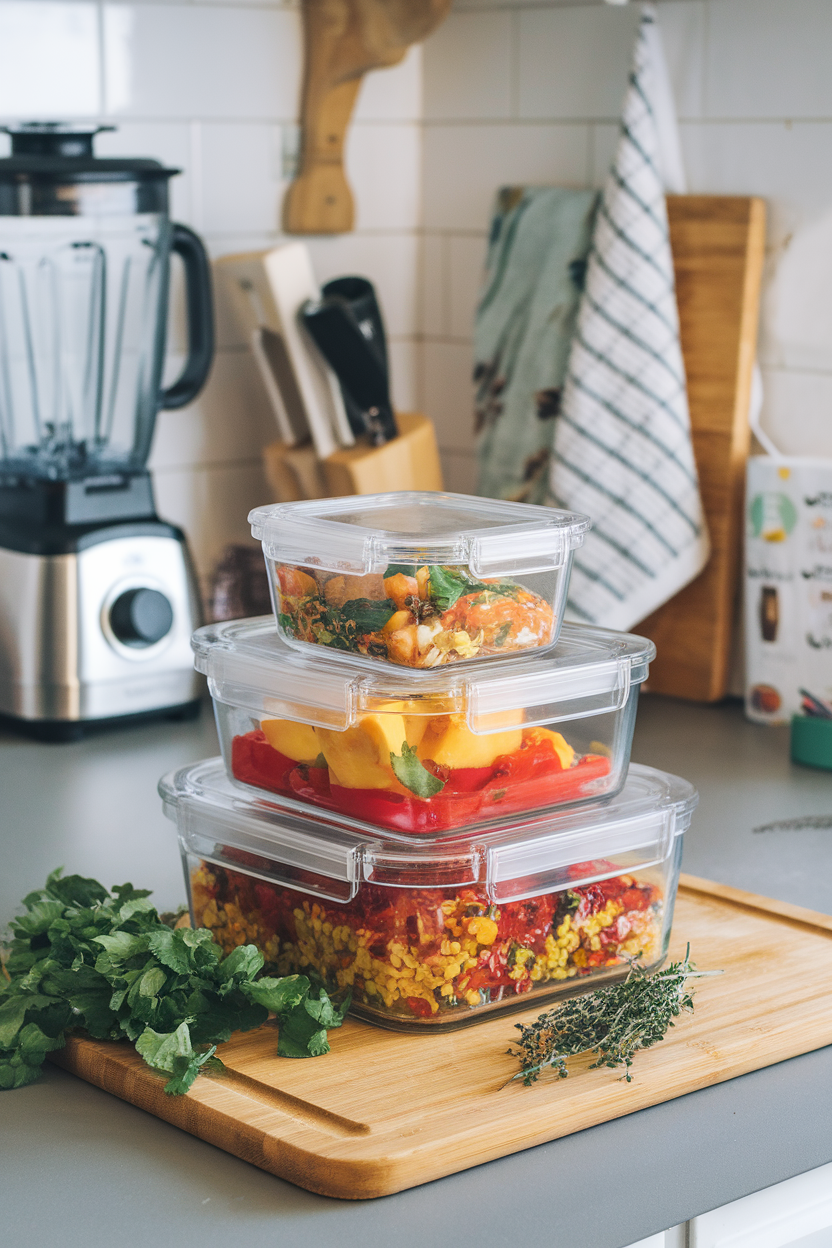 Indoor kitchen with a glass storage container set filled with colorful meal-prep portions, no text or logos. Photo.