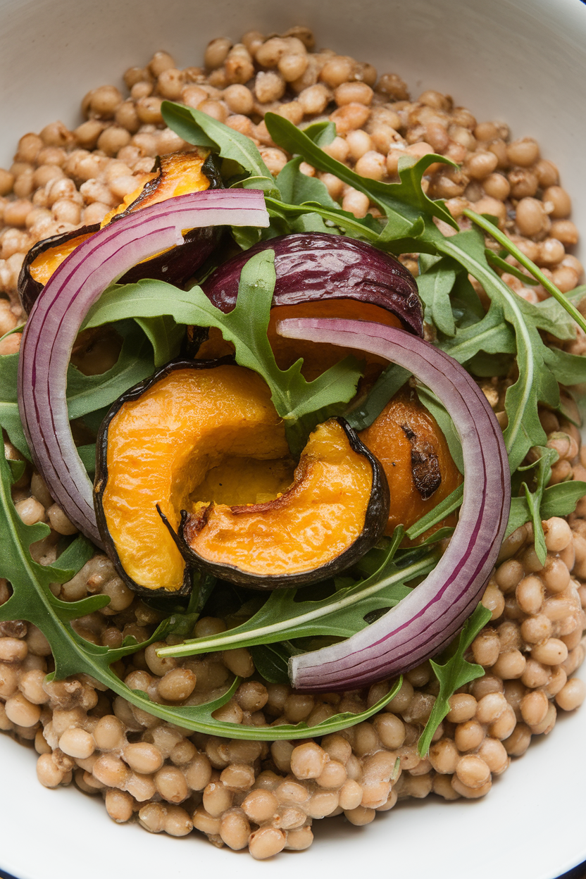 Indoor serving bowl containing cooked spelt berries topped with roasted squash, red onion, and arugula. No text or logos present.