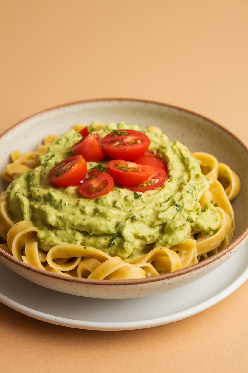 An indoor bowl of linguine coated in creamy green avocado sauce, cherry tomato halves on top; no text or logos, photo not illustration.