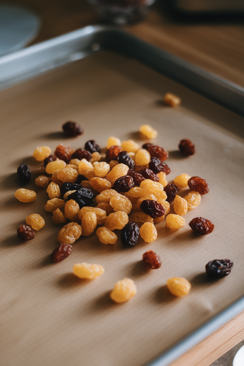 A handful of golden and dark raisins scattered on an indoor baking sheet, gentle overhead lighting, no text or logos, photo.