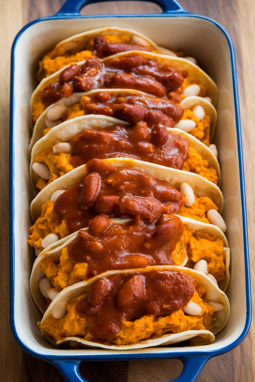 Indoor casserole with tortillas packed with vibrant orange pumpkin purée and white beans, topped with ancho chile sauce, no logos.